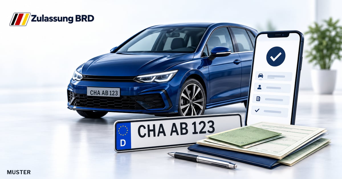 Online Fahrzeugzulassung in Cham: Musterkennzeichen CHA AB 123, Auto und Fahrzeugpapiere und Smartphone. Illustration mit Logo von Zulassung BRD.